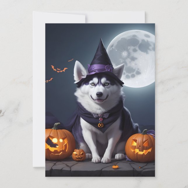 Husky Dog Halloween Adventure Moonlit Magic Spooky Holiday Card (Front)