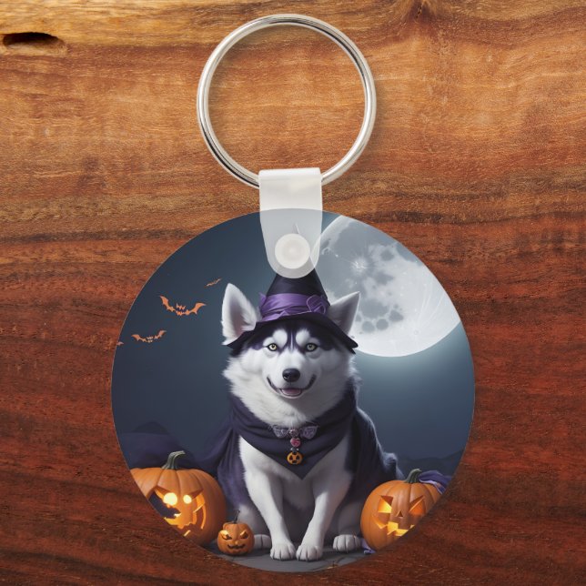 Husky Dog Halloween Adventure Moonlit Magic Spooky Keychain (Front)