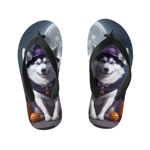 Husky Dog Halloween Adventure Moonlit Magic Spooky Kids Flip Flops