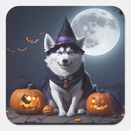 Husky Dog Halloween Adventure Moonlit Magic Spooky Square Sticker