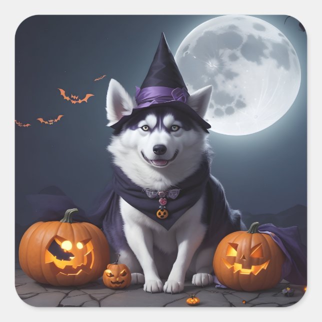 Husky Dog Halloween Adventure Moonlit Magic Spooky Square Sticker (Front)
