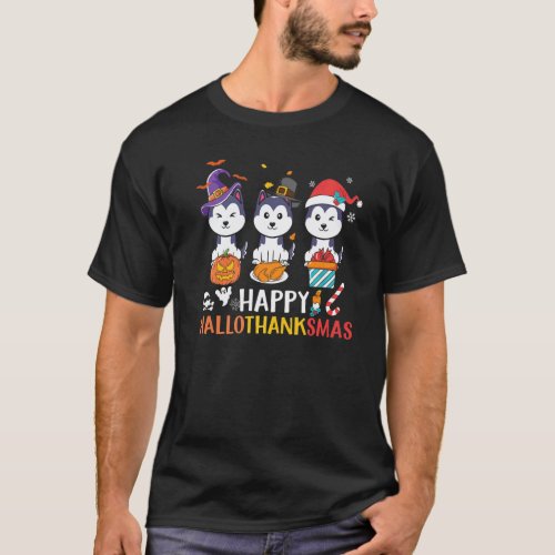 Husky Dog Happy HalloThanksmas Fall Autumn Hallowe T-Shirt