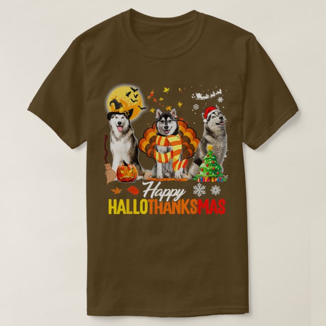 Husky Dog Happy Hallothanksmas Halloween Thanksgiv T-Shirt (Design Front)