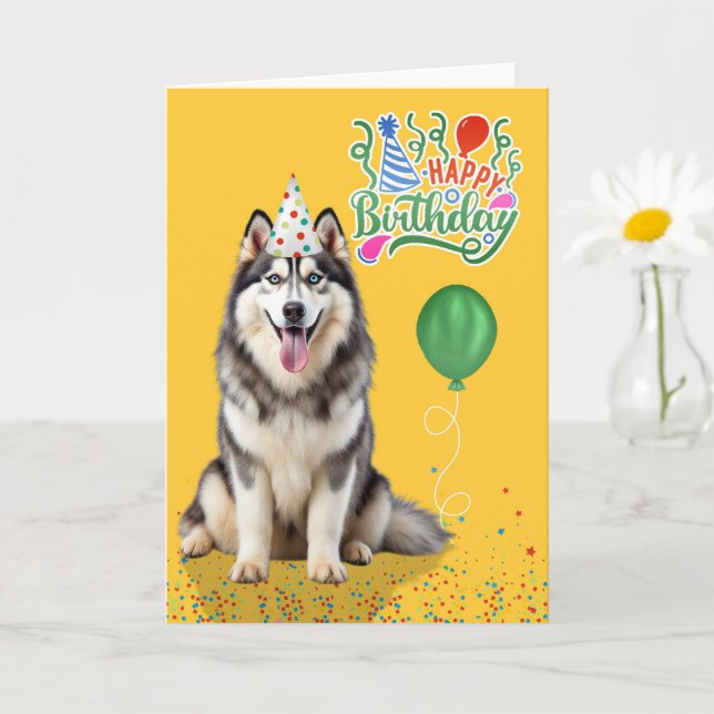 Husky Dog in a Party Hat on Yellow Birthday Card (Small Plant)