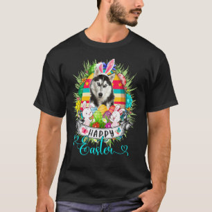Husky Dog In Easter Eggs Basket Bunnies Happy East T-Shirt