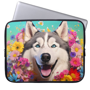 Husky Dog Laptop Bag with Floral Design