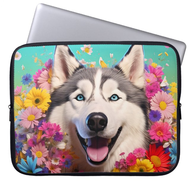 Husky Dog Laptop Bag with Floral Design (Front)