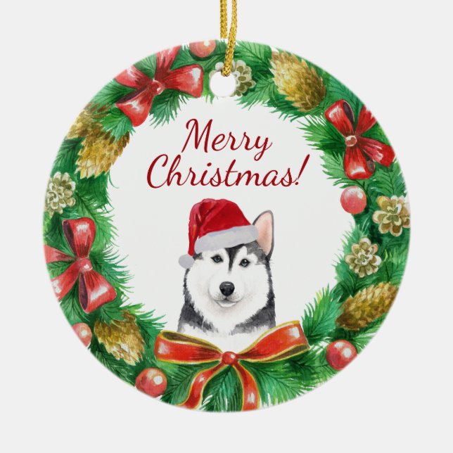 Husky Dog Merry christmas Ceramic Ornament (Front)