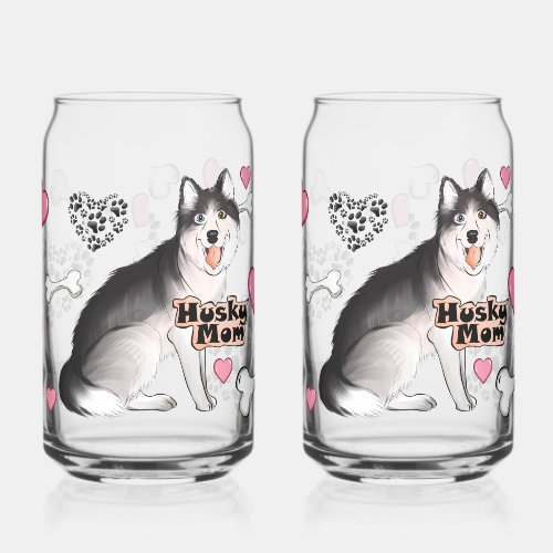 Husky Dog Mom with Bones & Hearts Can Glass