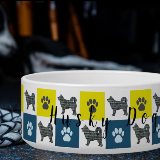 Husky Dog & Paw Yellow & Blue Grid Dog Bowl (Husky Personalised Dog Bowl)