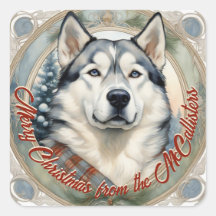 Husky Dog Personalized Christmas Card Sticker Seal