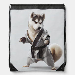 Husky Dog Play Karate, Karate Champion Husky Dog Drawstring Bag