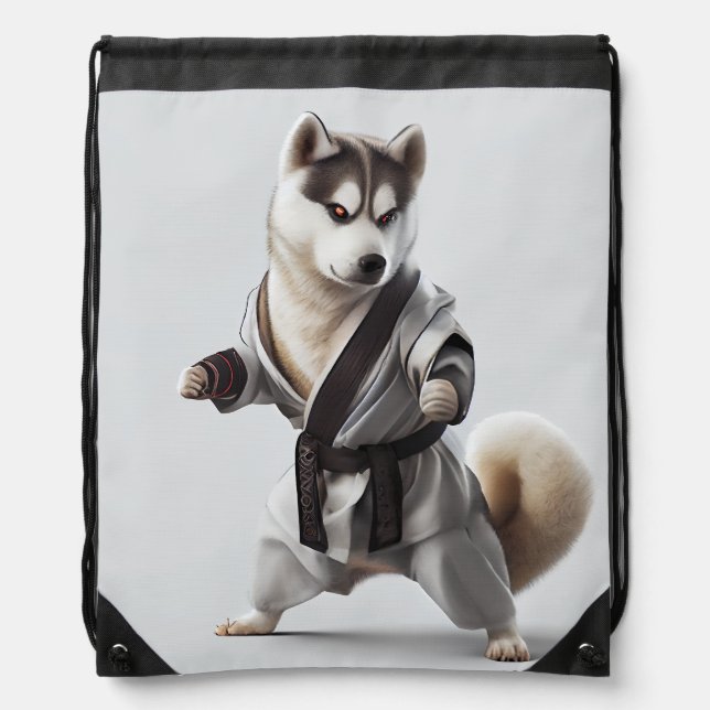 Husky Dog Play Karate, Karate Champion Husky Dog Drawstring Bag (Front)