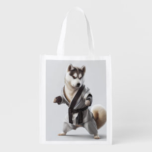 Husky Dog Play Karate, Karate Champion Husky Dog Grocery Bag
