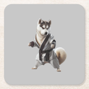 Husky Dog Play Karate, Karate Champion Husky Dog Square Paper Coaster