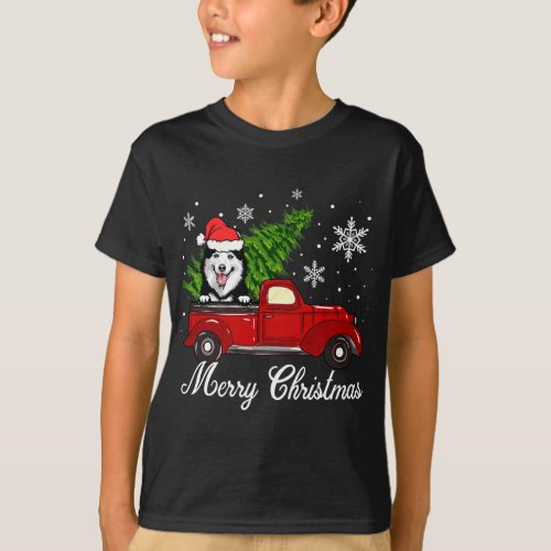 Husky Dog Riding Red Truck Christmas Decorations P T_Shirt