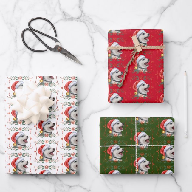 Husky Dog Santa Christmas Wrapping Paper Sheets (Front)