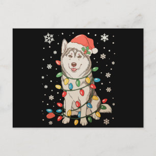 Husky Dog Santa Hat Christmas Tree Lights Xmas Holiday Postcard