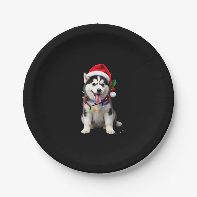 Husky Dog Santa Hat Christmas Tree Xmas Gifts For  Paper Plates (Front)