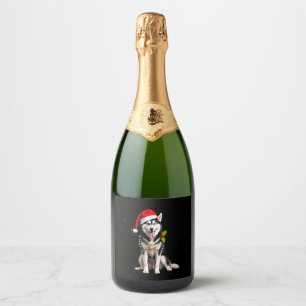 Husky Dog Santa Hat Christmas Tree Xmas Gifts For Sparkling Wine Label