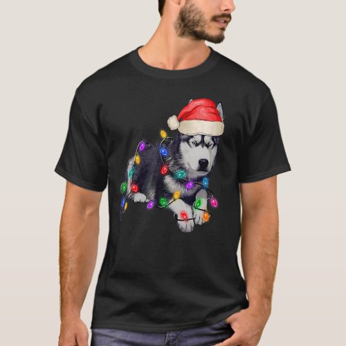 Husky Dog Santa Hat Merry Beautiful Christmas Tree T_Shirt