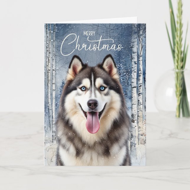 Husky Dog Snowy Winter Forest Christmas Holiday Card (Front)