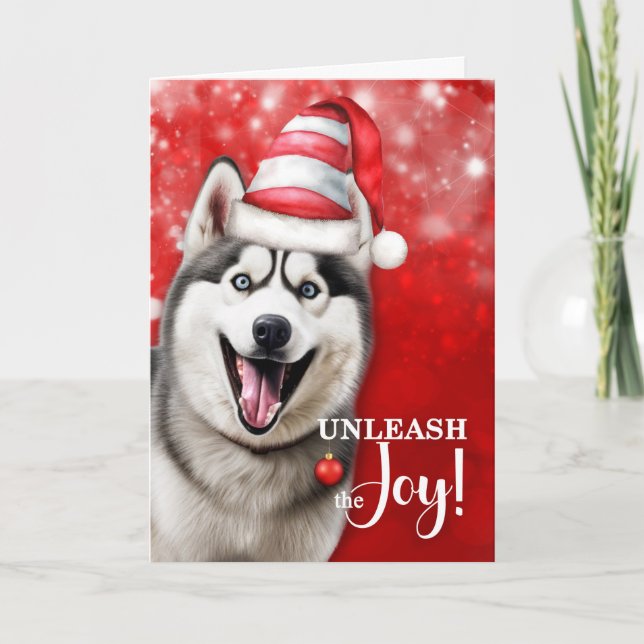 Husky Dog Unleash the Joy Christmas Holiday Card (Front)