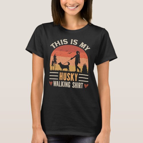 Husky Dog Walking Mom Vintage Sunset Silhouette T_Shirt