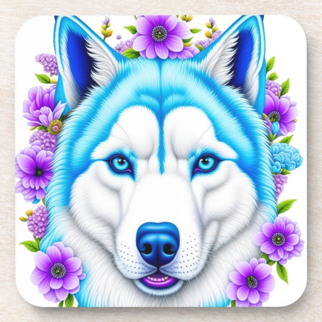 Husky Dog with Blue Eyes and Flowers  Beverage Coaster (Front)