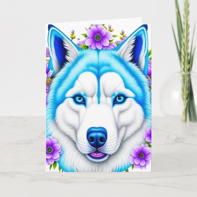 Husky Dog with Blue Eyes and Flowers Birthday Card (Front)