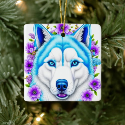 Husky Dog with Blue Eyes and Flowers  Christmas Ceramic Ornament