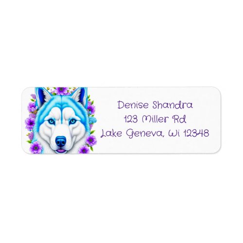 Husky Dog with Blue Eyes and Flowers   Label