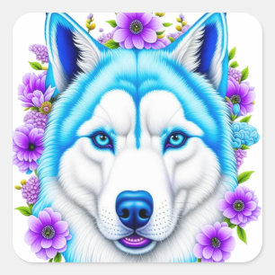 Husky Dog with Blue Eyes and Flowers Square Sticker