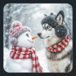 Husky Dog With Snowman Square Sticker<br><div class="desc">A husky dog and a snowman face each other surrounded by a snowy landscape</div>
