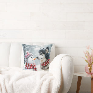 Husky Dog With Snowman Throw Pillow