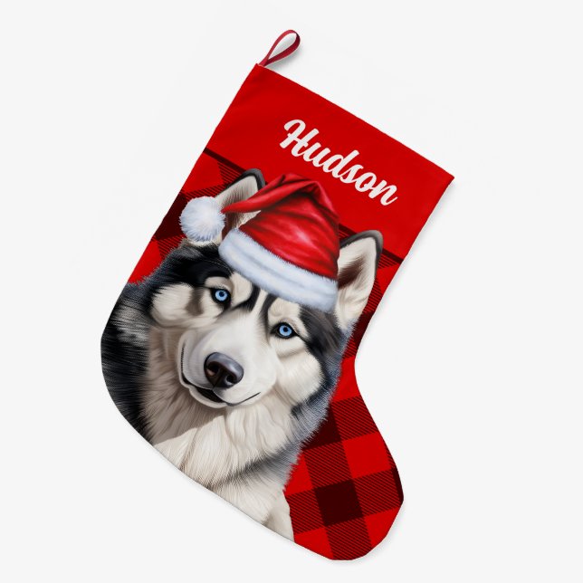 Husky Dog's Name Red Buffalo Plaid Personalized Large Christmas Stocking (Front (Hanging))