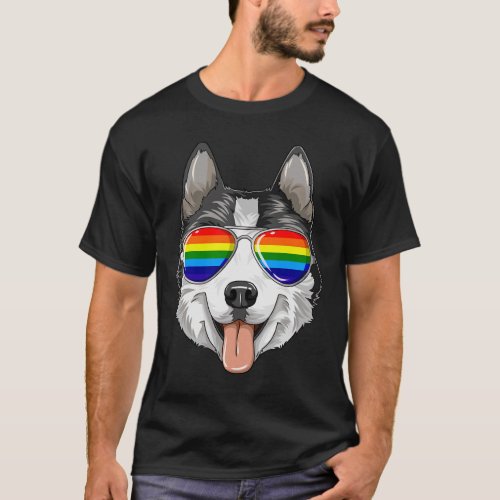 Husky Gay Pride Flag Lgbt Rainbow Sunglasses Husky T_Shirt