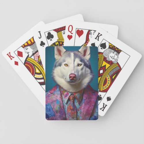 Husky in a silk suit playing cards