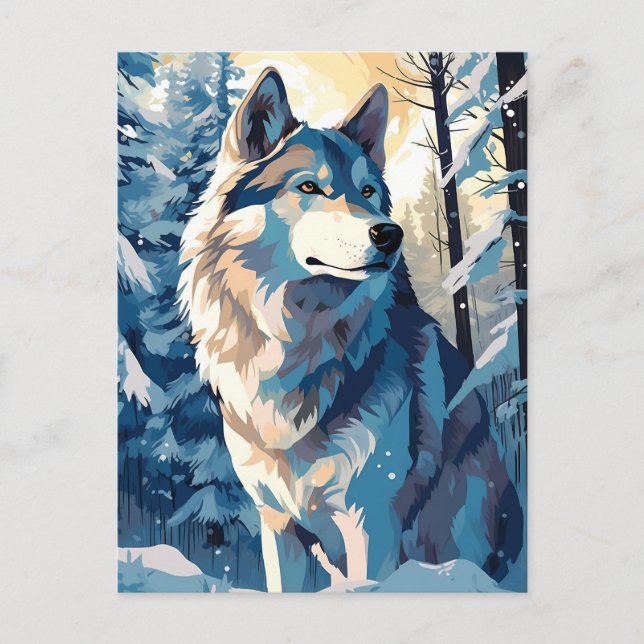 Husky in a snowy forest during winter postcard (Front)