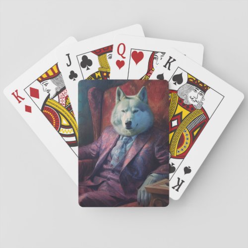 Husky in a suit playing cards