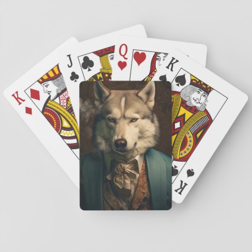 Husky in a suit playing cards