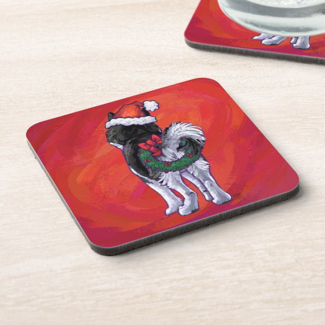 Husky in Santa Hat On Red Beverage Coaster (Left Side)
