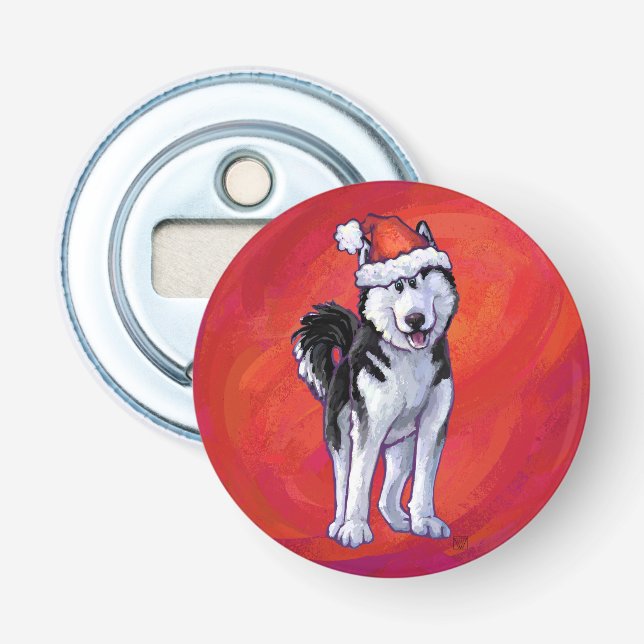 Husky in Santa Hat On Red Bottle Opener (Front)
