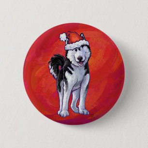Husky in Santa Hat On Red Button