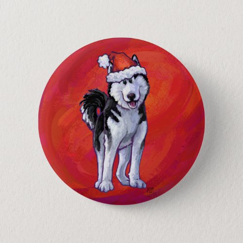 Husky in Santa Hat On Red Button