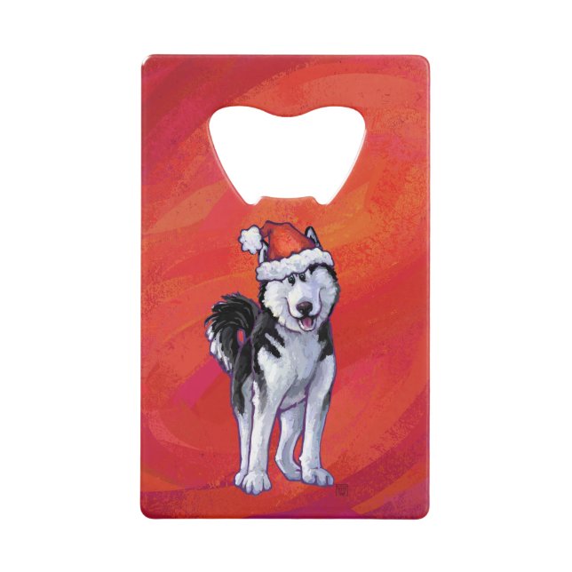 Husky in Santa Hat On Red Credit Card Bottle Opener (Front)