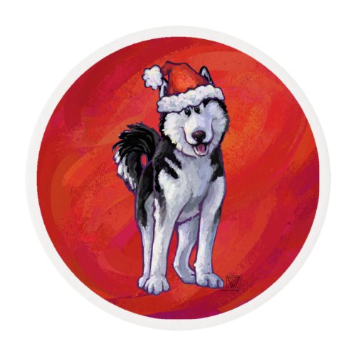 Husky in Santa Hat On Red Edible Frosting Rounds