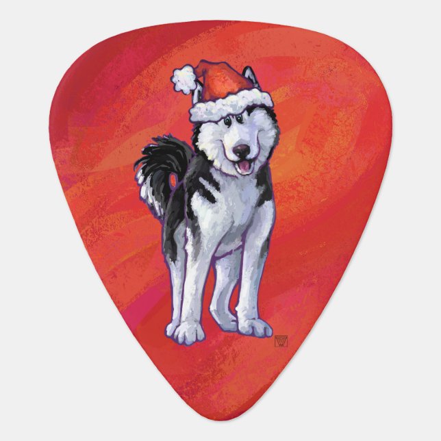 Husky in Santa Hat On Red Guitar Pick (Front)