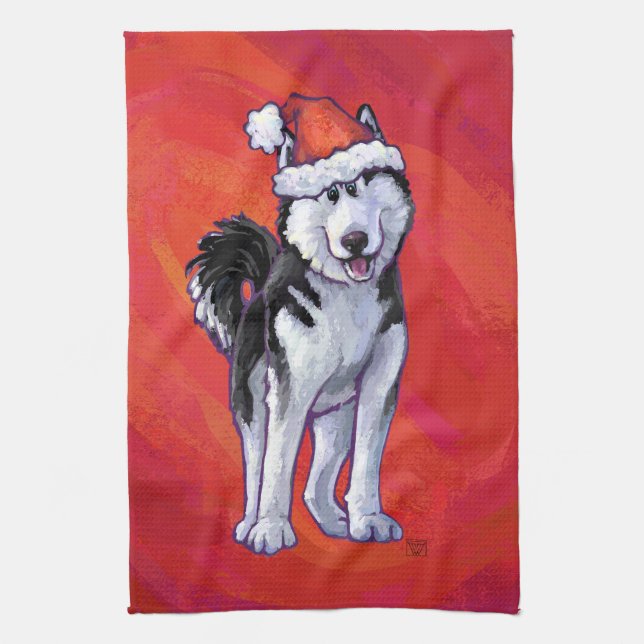 Husky in Santa Hat On Red Kitchen Towel (Vertical)