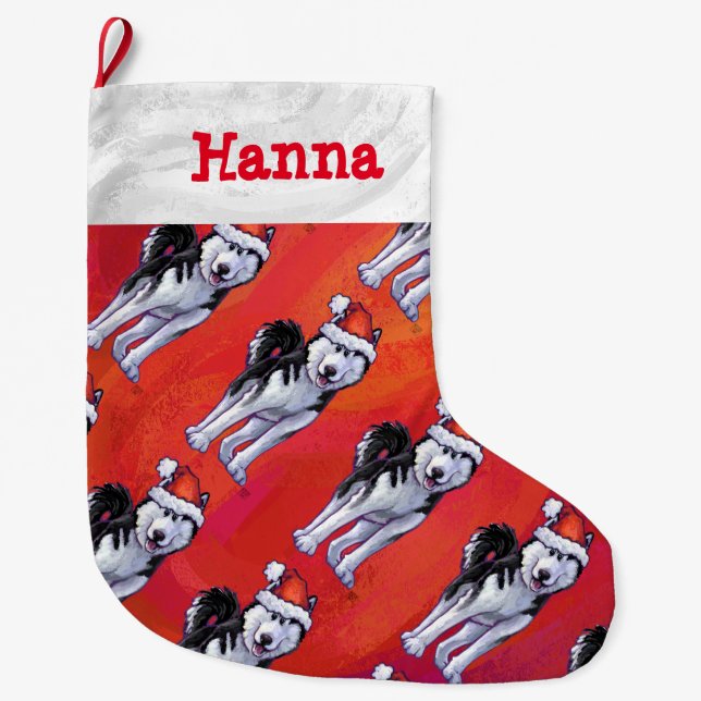 Husky in Santa Hat On Red Large Christmas Stocking (Front)